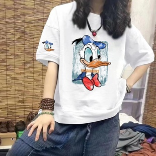 纯棉上衣潮 宽松减龄拼接唐老鸭印花中长款 纯棉短袖 T恤女2023夏季