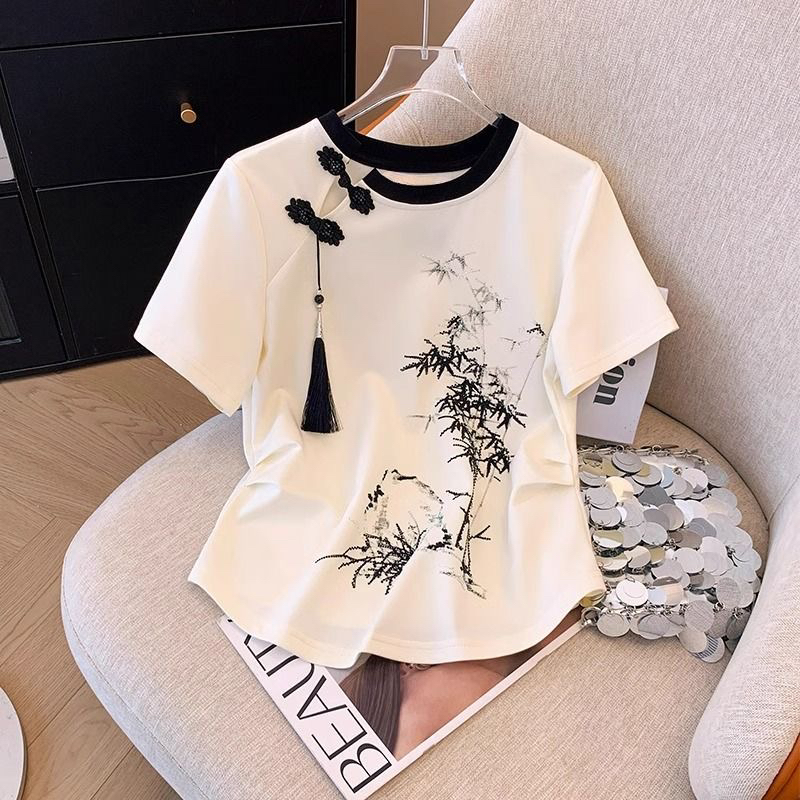 2024夏季新款中式国风盘扣水墨画T恤女短袖复古修身褶皱短款上衣