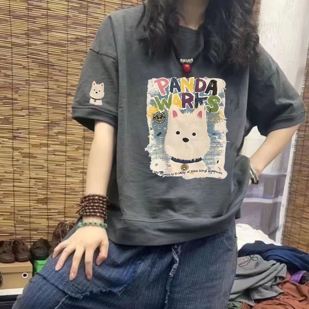 纯棉T恤减龄百搭显瘦纯棉T恤女夏季新款宽松印花小狗短袖上衣潮女