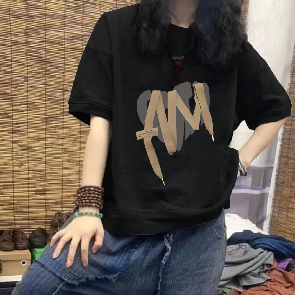 欧货纯棉拼接短袖t恤女夏季韩版印花半袖体恤宽松百搭上衣圆领女