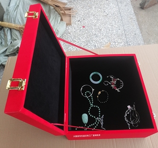 珠宝首饰托盘翻盖固定看货盘收货收纳首饰红黑绒布木制展示饰品盒