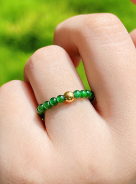 天然高冰种辣阳绿色翡翠小米圆珠戒指999足金黄金女款新中式国风