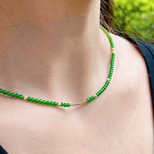 天然A冰种满辣阳绿色翡翠小米圆珠子锁骨项链新中式 可叠戴18k黄金
