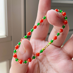 天然辣绿色翡翠满肉柿子南红圆珠18k黄金女款 文玩 手链串钏新中式