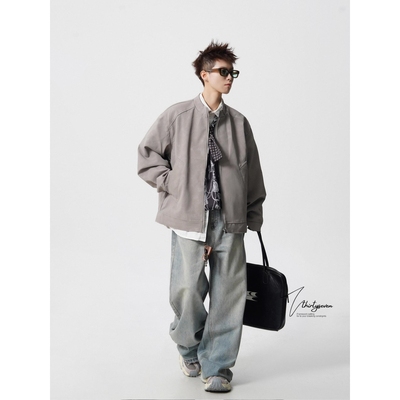 V37高街复古cleanfit绒感皮衣男秋季美式大理石纹立领夹克外套潮