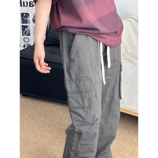 潮牌寬松闊腿褲 男款 深灰色傘兵工裝 秋季 復(fù)古直筒休閑長褲 褲 子美式