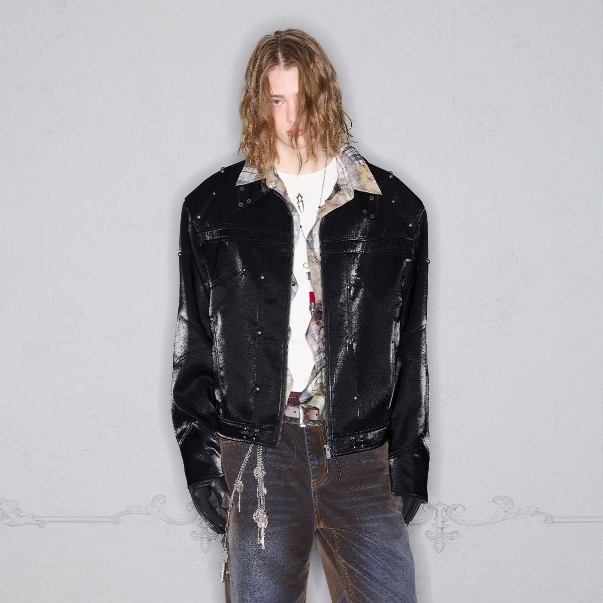 美式短款垫肩外套男春秋高级感痞帅金属立领工装飞行夹克