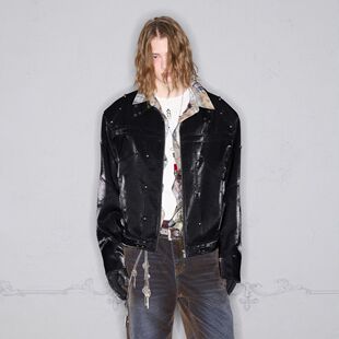 美式短款垫肩外套男春秋高级感痞帅金属立领工装飞行夹克