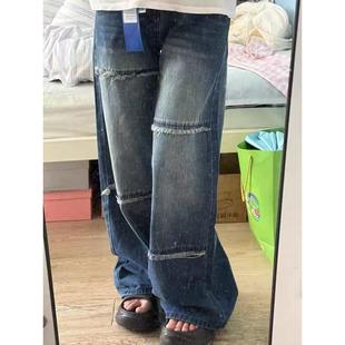 男女同款 牛仔裤 设计感拼接褶皱宽松直筒阔腿工装 2021m美式