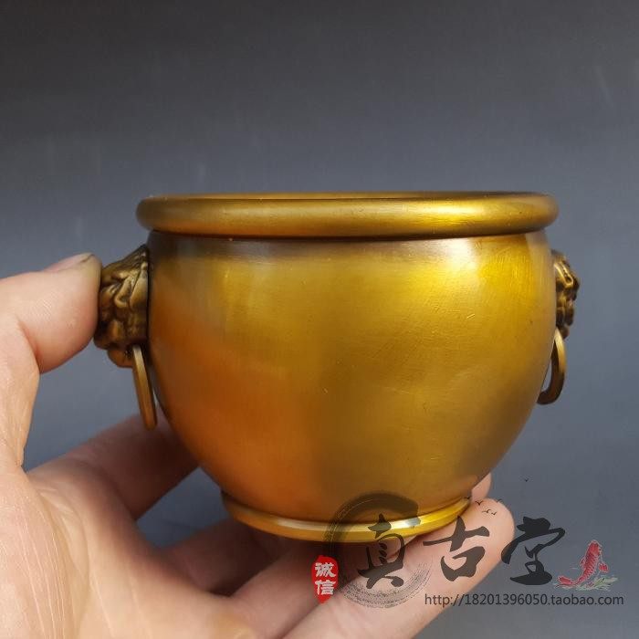 特价黄铜双耳缸铜罐摆件聚财罐小缸香炉烟灰缸家居装饰古玩收藏