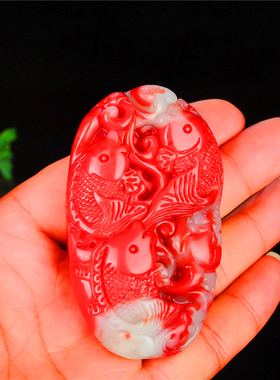 青峰玉业玉器鸡血石鱼挂件男女鸡血石飘花年年有余玉把件玉石手玩