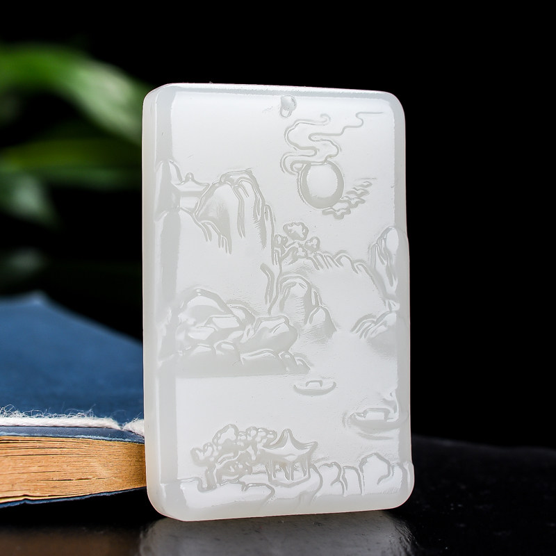 新疆和田白玉羊脂级山水牌子乐山乐水小桥流水山水赋吊坠挂件项坠