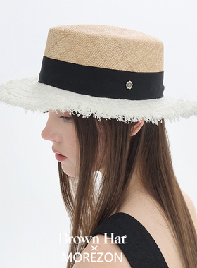 MOREZON【Brown hat Tweed Boater Hat】26春夏小香风平顶草帽女