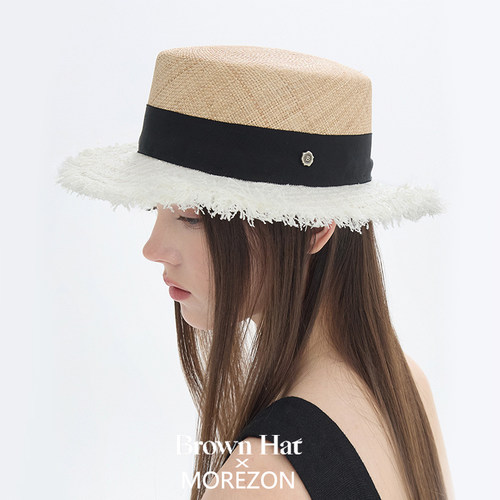 MOREZON【Brown hat Tweed Boater Hat】26春夏小香风平顶草帽女