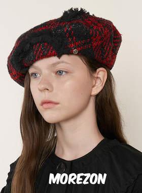 MOREZON【Brown hat Rocha Beret】秋冬时尚蕾丝格纹百搭贝雷帽子