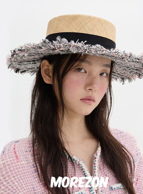MOREZON【Brown hat Tweed Boater Hat】25SS小香风帽檐平顶草帽