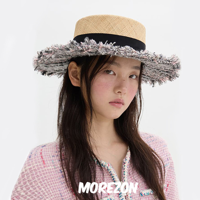 MOREZON【Brown hat Tweed Boater Hat】25SS小香风帽檐平顶草帽