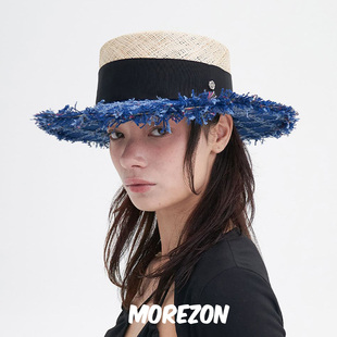 手工编织潮人平顶草帽女 hat boater Tweed MOREZON Brown