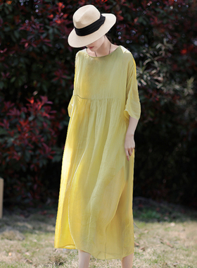 2025夏款新品文艺苎麻加捻细皱肌理双层黄色连衣裙女棉麻仙气长裙