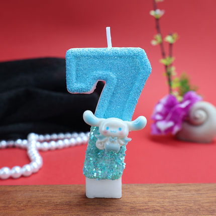 卡通数字7生日蜡烛蓝色闪粉玉桂狗造型装饰蜡烛蛋糕装饰场景布置