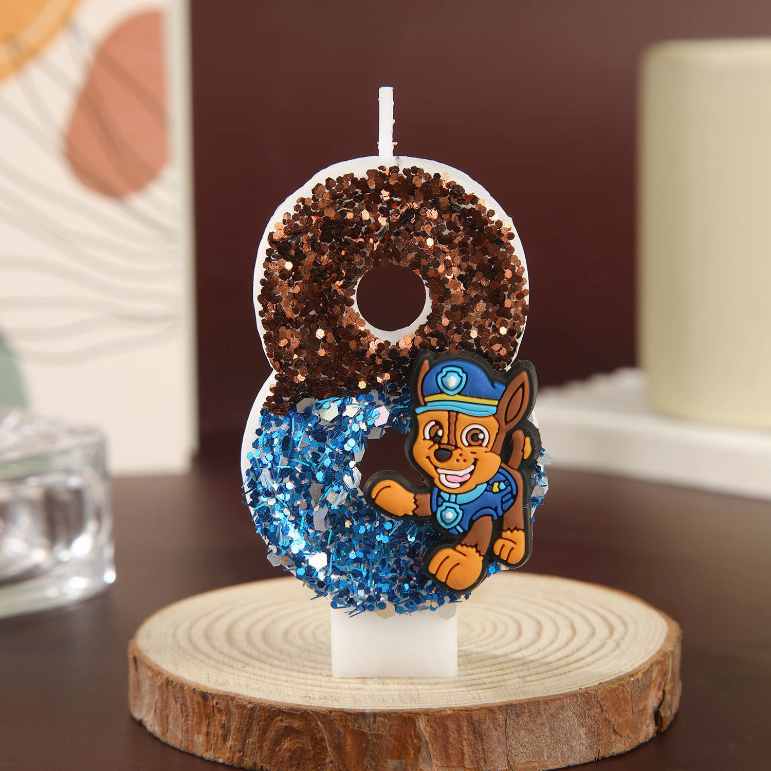 汪汪队立大功生日蜡烛数字8造型彩色亮片卡通创意蛋糕装饰场景