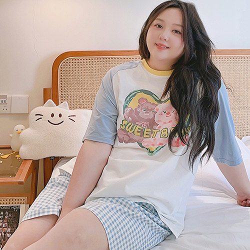 大码胖mm200斤睡衣女春夏季纯棉