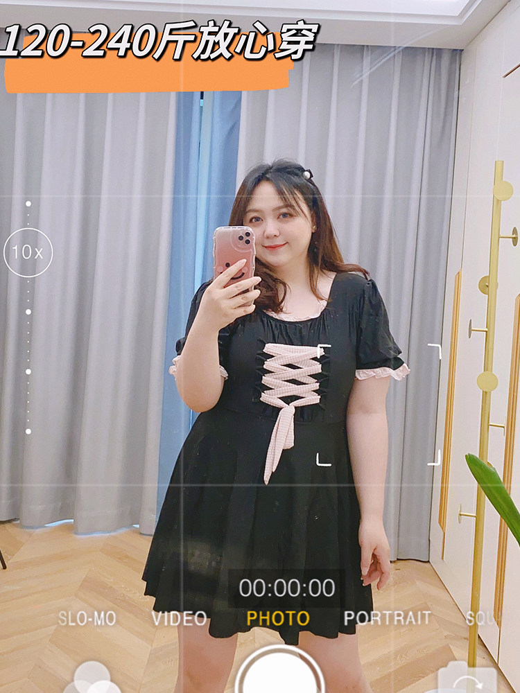 VOGANA戛纳家二店加大码连体黑色显瘦泳衣胖MM200斤甜美裙式泳装