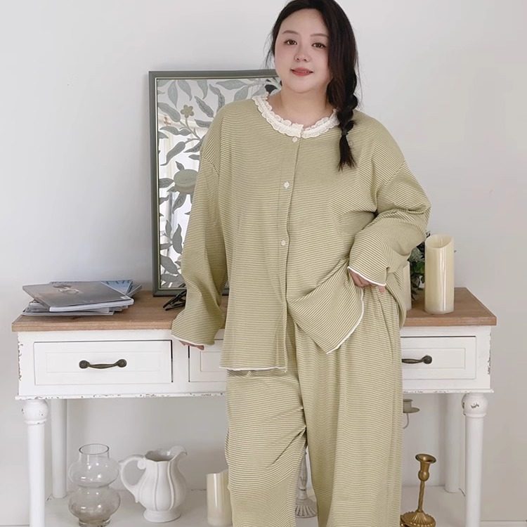 2024新品秋冬大码简约条纹睡衣套装胖MM200斤家居服可外穿针织棉