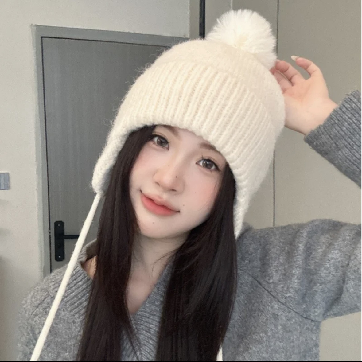 韩版甜美毛球护耳针织帽子女秋冬季户外防寒保暖雷锋毛线帽大头围