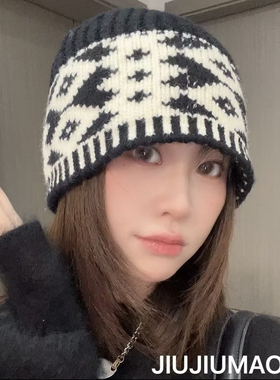 秋冬季提花复古针织帽子女保暖毛线帽大头围情侣套头帽潮酷冷帽