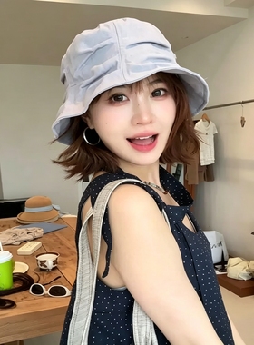 水桶盆帽日系小众设计感褶皱渔夫帽女夏季薄款亚麻遮阳帽子简约