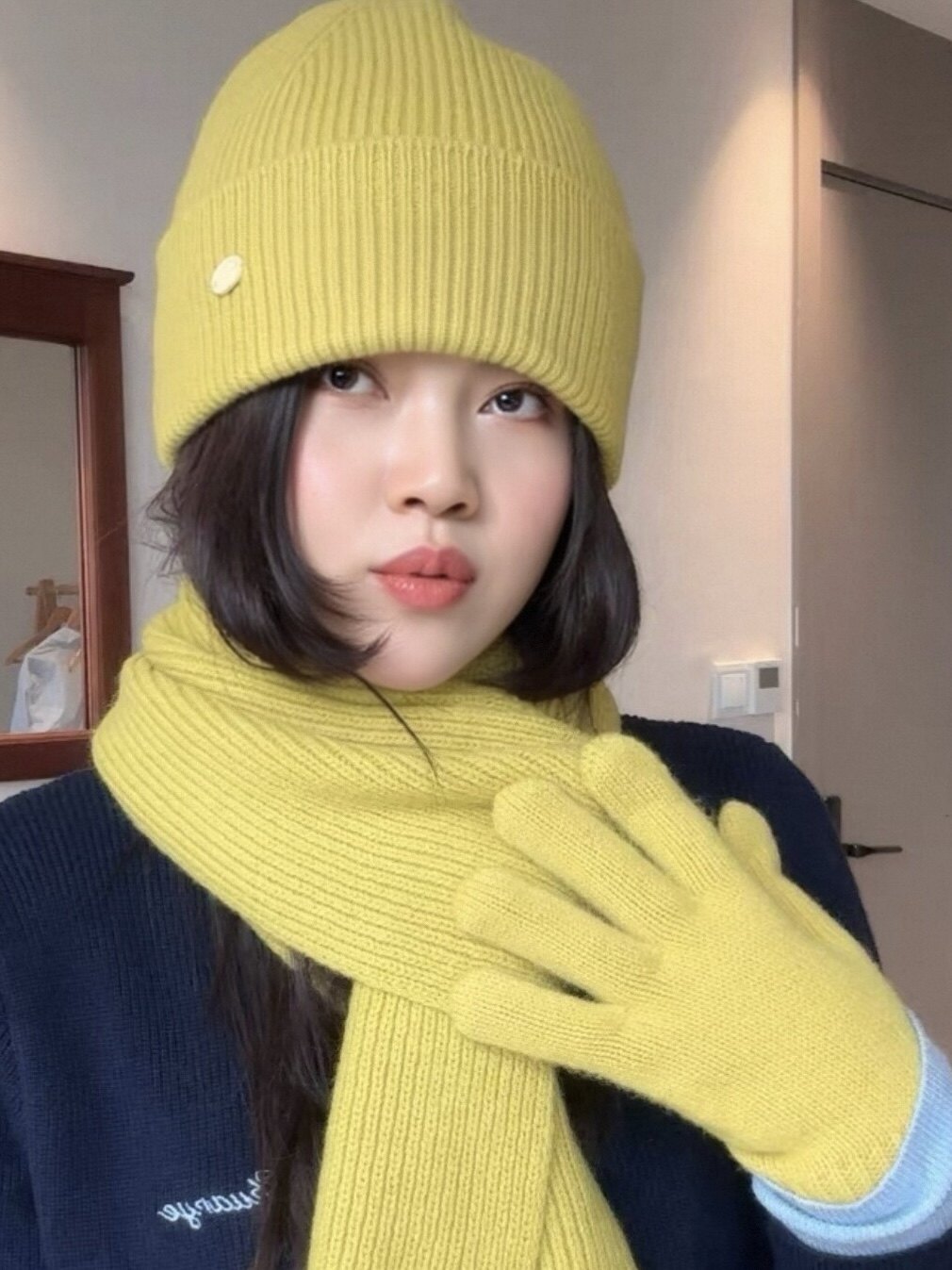 纯羊毛韩版秋冬黄色纯色毛线针织帽围巾手套三件男女包头帽子保暖