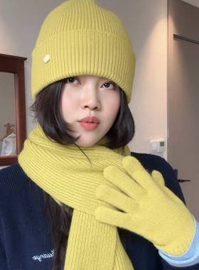 纯羊毛韩版秋冬黄色纯色毛线针织帽围巾手套三件男女包头帽子保暖