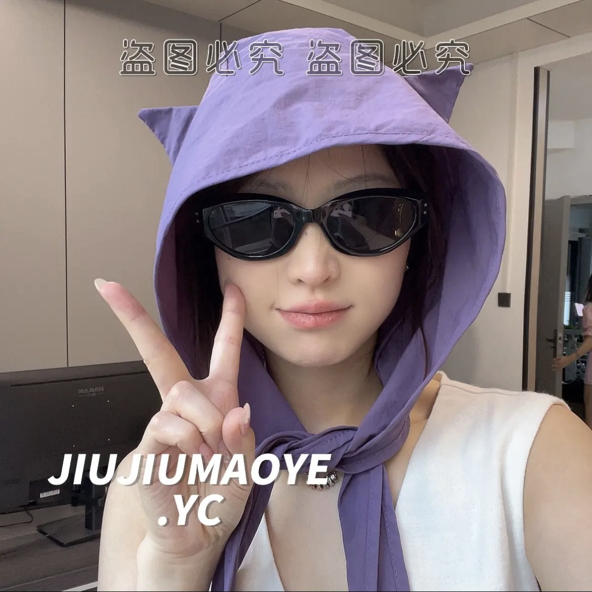 紫色小恶魔绑带速干防晒遮阳帽薄款护耳头巾帽子可爱猫耳朵小众