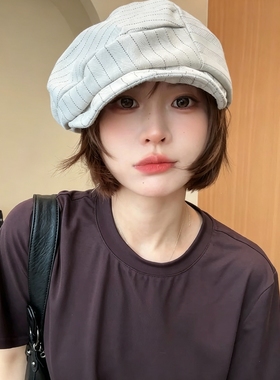 高品质亚麻条纹棉麻贝雷帽子女春夏秋显脸小报童帽复古画家帽潮