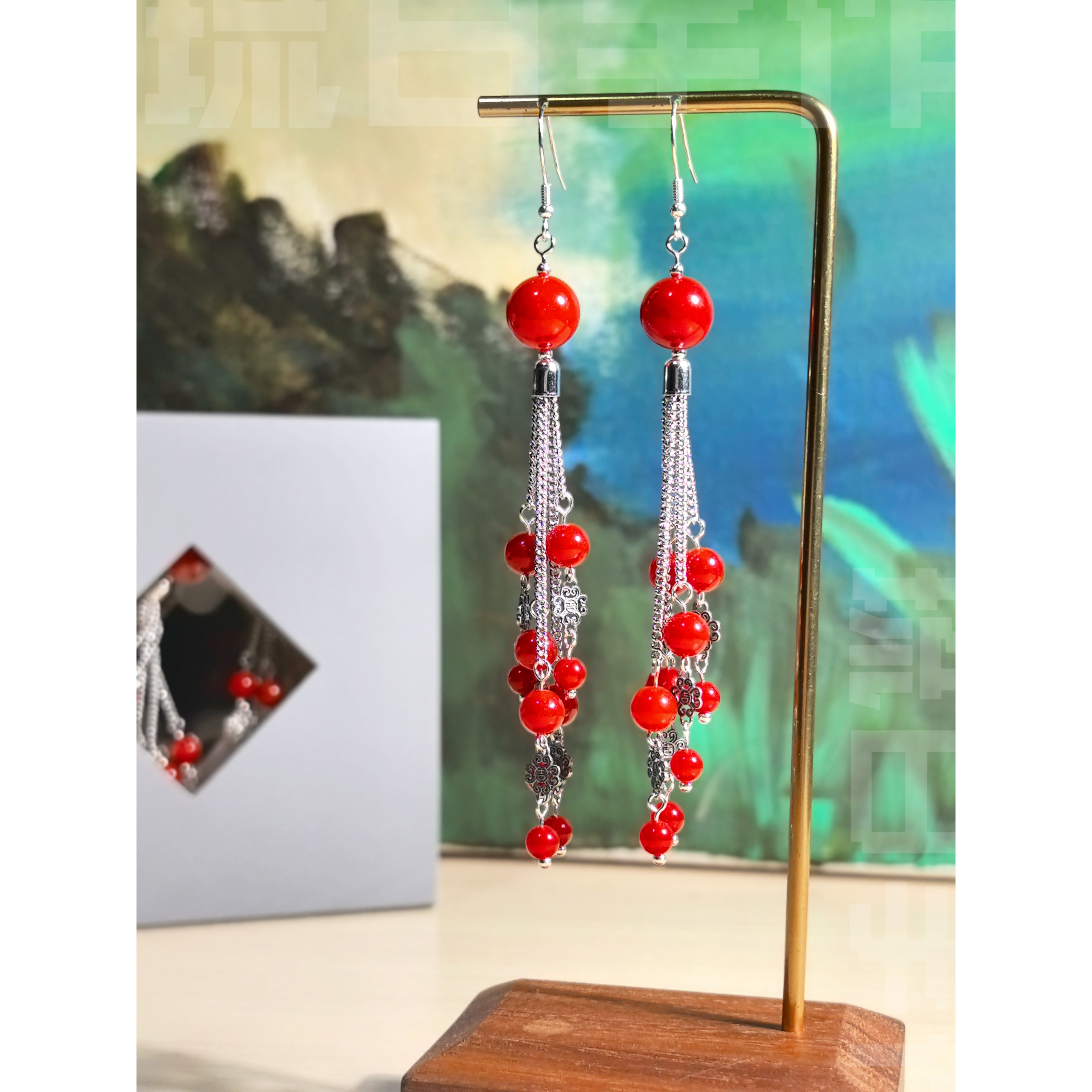 异人之下文淇陈朵耳环925银南红玛瑙耳饰cosplay红色喜庆春节琉白