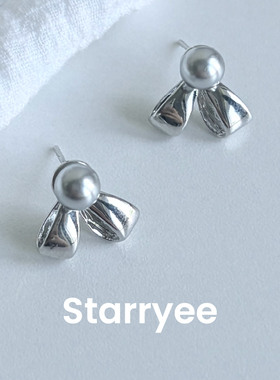 Starryee清冷灰珍珠蝴蝶结耳钉女