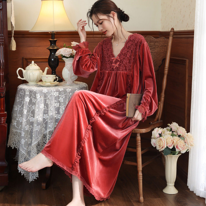 2025新品秋冬金丝绒睡裙大码长裙砖红色高级感睡袍复古睡衣女款粉