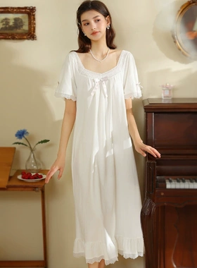 纯棉睡裙女夏2025新款短袖大码白色长裙法式薄款复古公主睡衣过膝