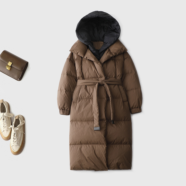 新国标90白鸭绒加厚保暖可拆卸连帽两件式高充绒长款系带羽绒服冬