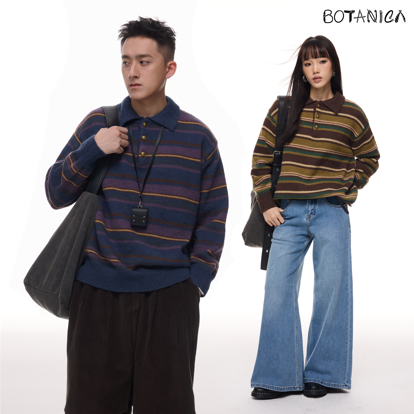 Botanica美式vintage翻领复古针织毛衣咖蓝秋冬条纹宽松针织衫