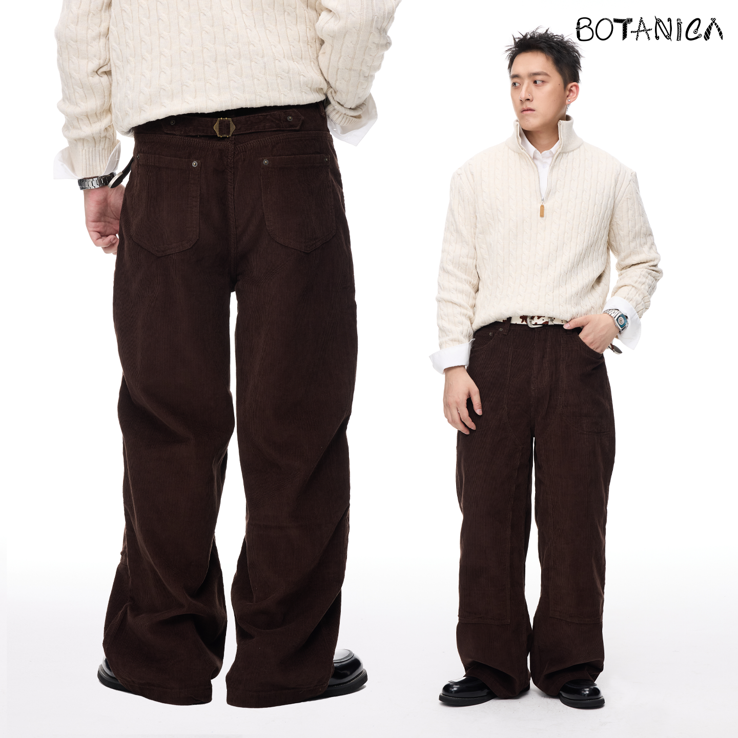 Botanica巴黎扣美式复古棕咖色灯芯绒长裤男女秋冬宽松直筒休闲裤