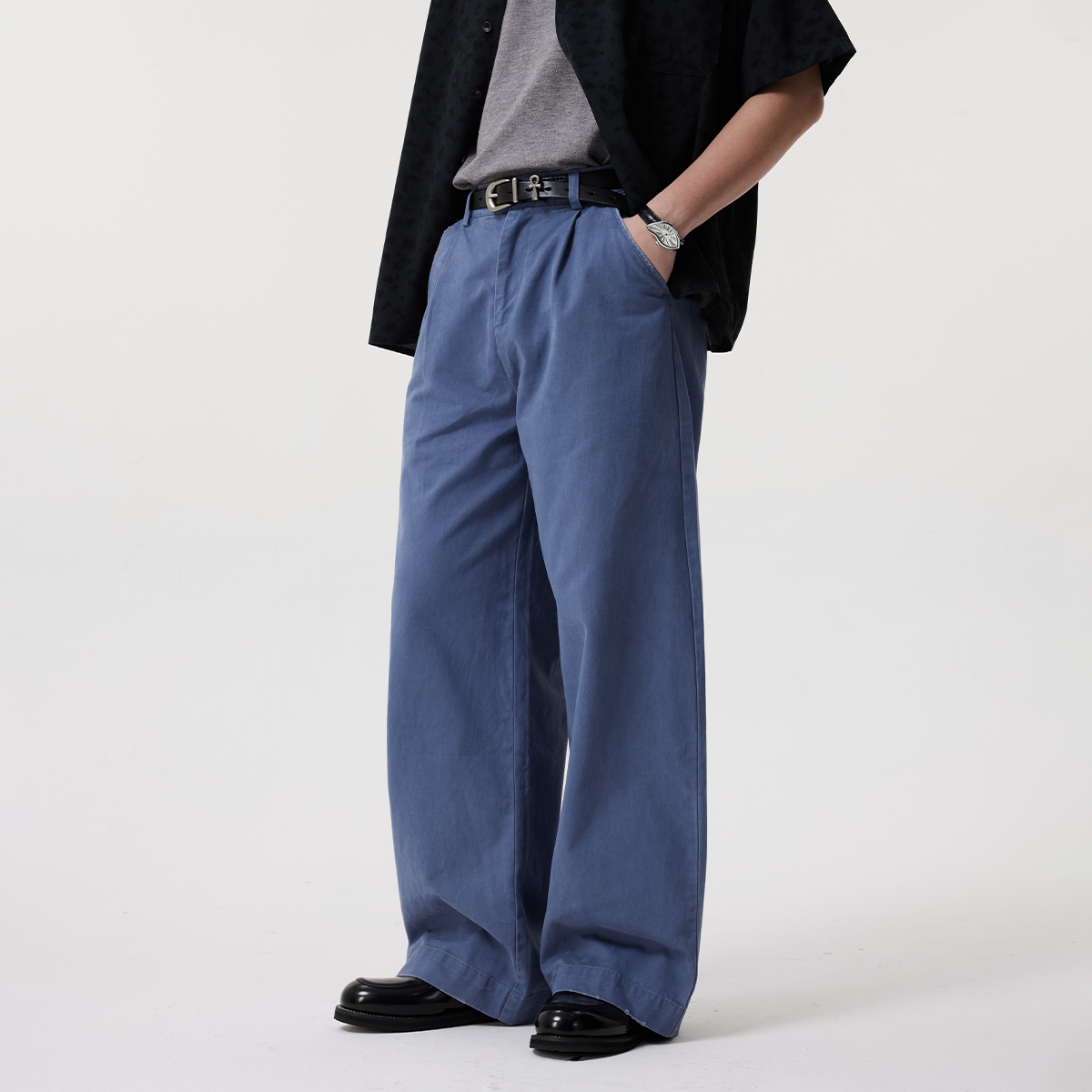 Botanica水洗磨毛复古法式休闲裤深蓝色美式阔腿宽松直筒法工裤子