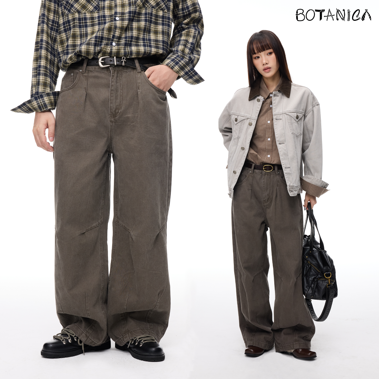 Botanica美式复古宽松直筒工装裤秋冬深棕咖色高街vibe风褶皱长裤