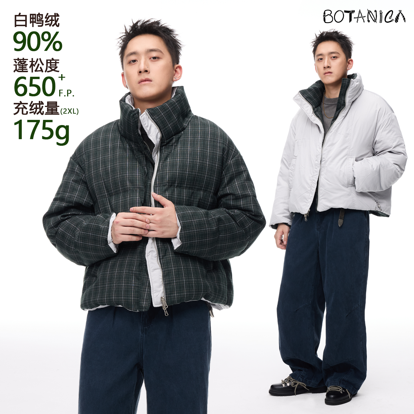 Botanica双面穿蓝绿色格子面包羽绒服美式复古工装秋冬厚立领外套