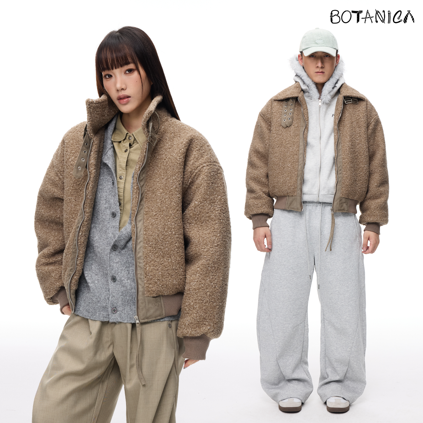 Botanica美式复古羊羔绒摇粒绒夹克棉服情侣立领黄棕色短宽款外套