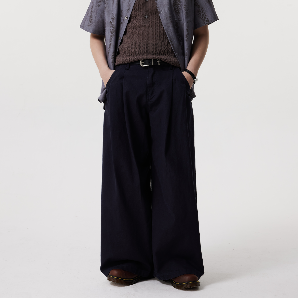 Botanica美式复古阔腿百褶皱休闲裤藏蓝纯色微喇百搭宽松a字裤子