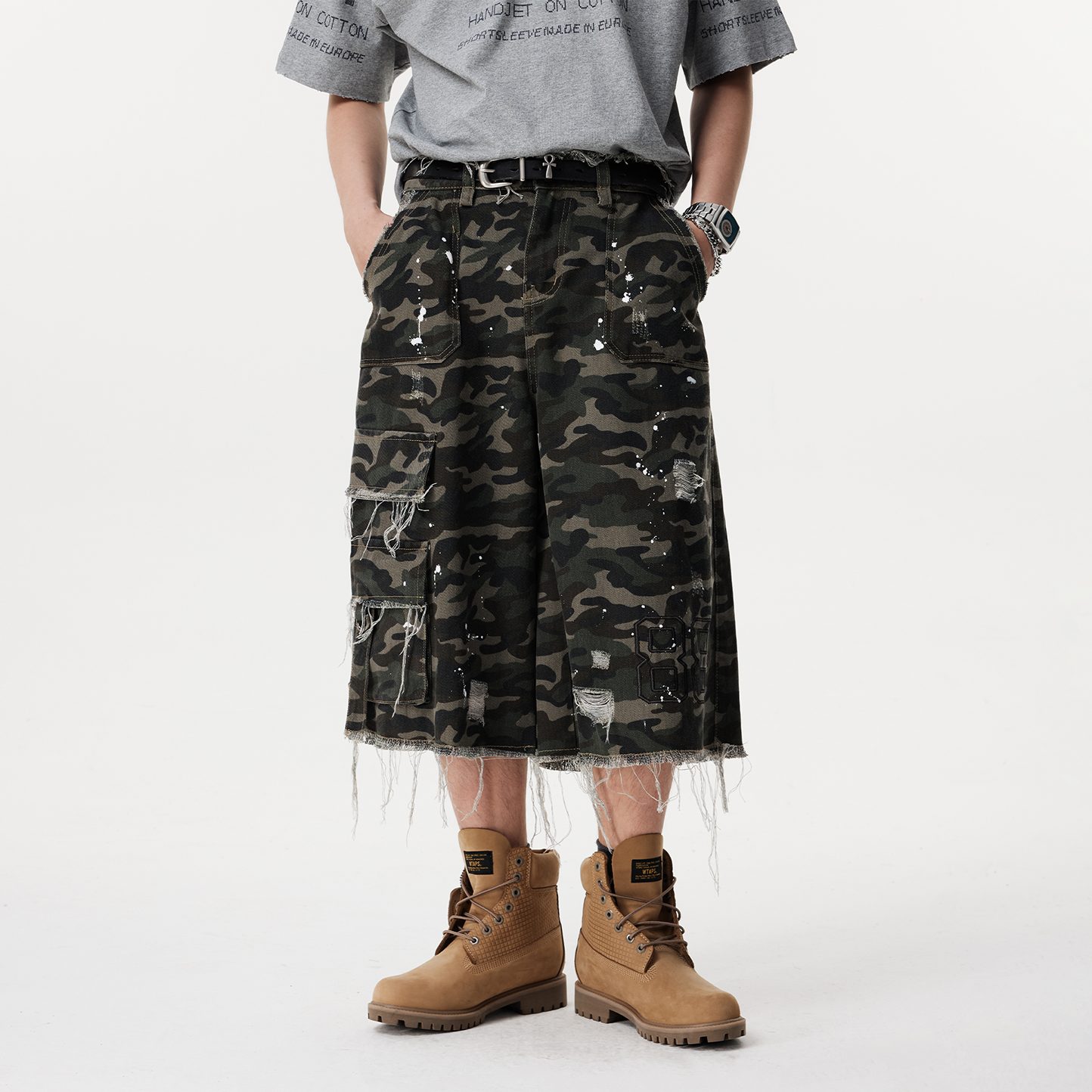 Botanica美式街头多口袋设计泼墨迷彩7七分裤子刺绣流苏破坏短裤