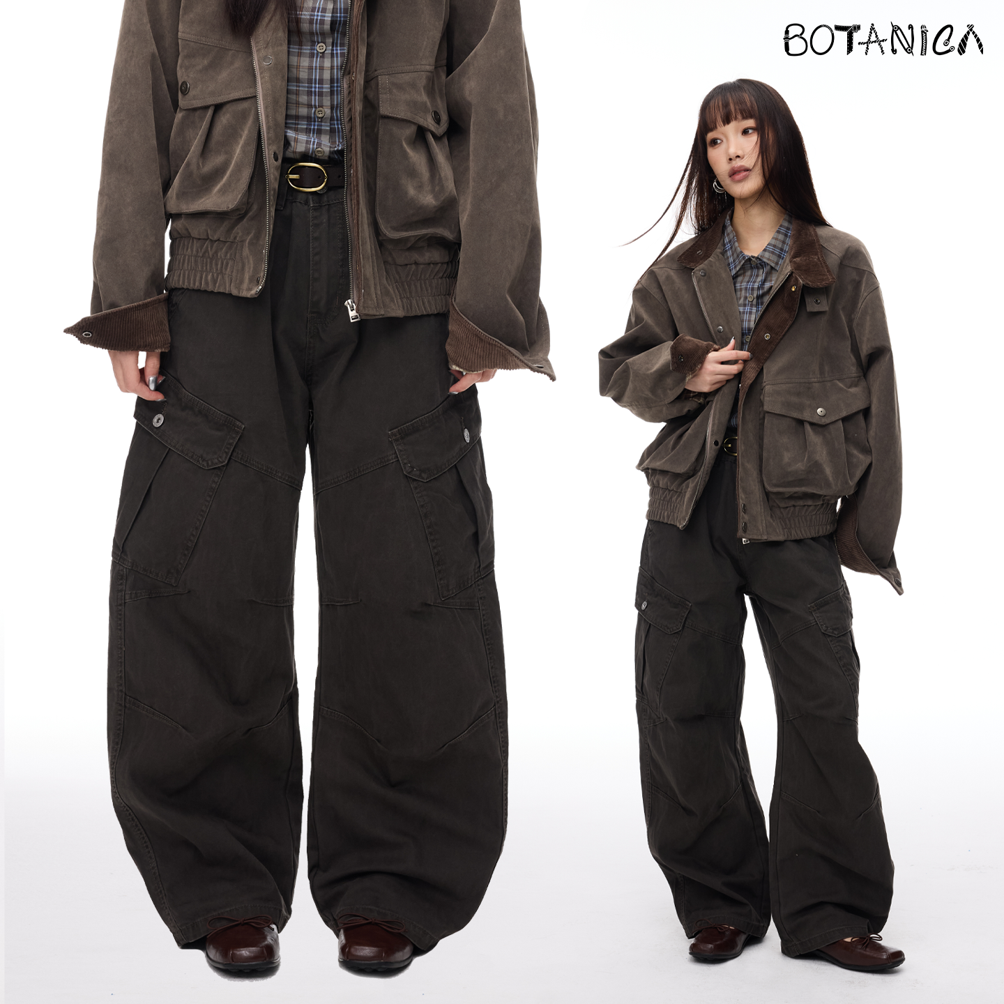 Botanica美式复古弯刀口袋工装裤秋冬深棕咖色高街vibe风褶皱长裤