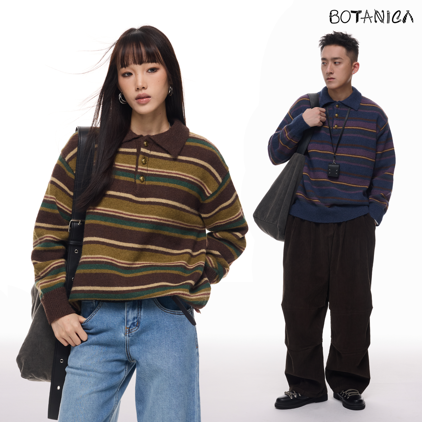 Botanica美式vintage翻领复古针织毛衣咖绿秋冬条纹宽松针织衫